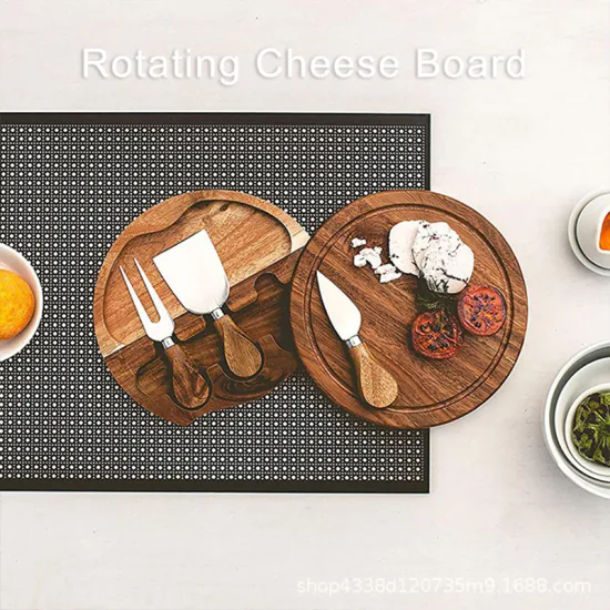 Custom Round Acacia Cheese Board and Knife Set Rotating Wood Charcuterie Platter Board