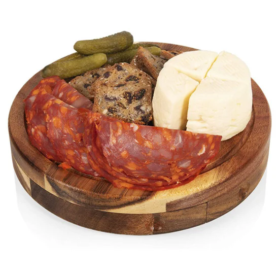 Custom Round Acacia Cheese Board and Knife Set Rotating Wood Charcuterie Platter Board