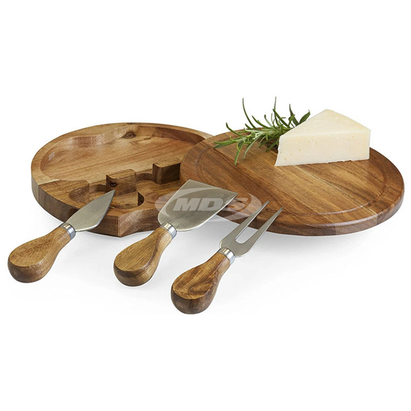 Custom Round Acacia Cheese Board and Knife Set Rotating Wood Charcuterie Platter Board