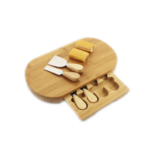 Bamboo Cheese Board and Knife Set Oval Charcuterie Board 4 Knives Cheese Cutting Platter for Home Party