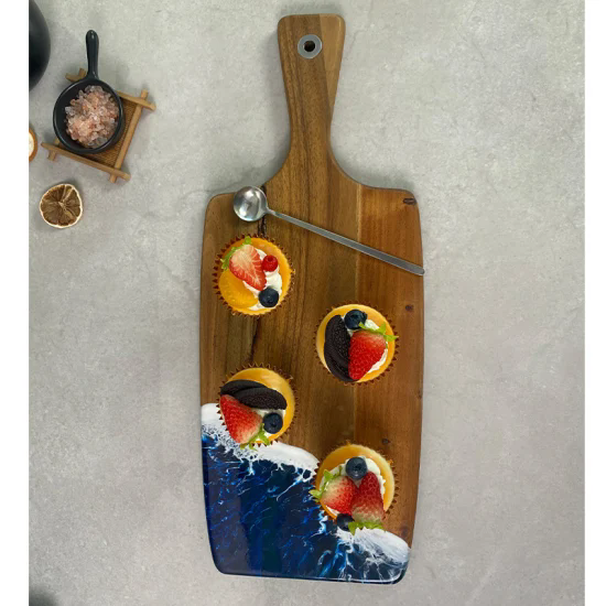 New Epoxy Resin Alaskan Acacia Wood Cutting Boards Ocean Beach Cheese Board Art Epoxy Resin Chopping Board with Handle