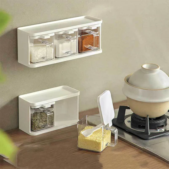 Wall Mount Seasoning Organizer Box for Spice Salt Sugar Transparent Kitchen Plastic Seasoning Box