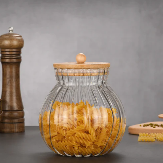 Wholesale Eco-Friendly Pumpkin Shaped Clear Glass Storage Jar with Bamboo Wooden Lids