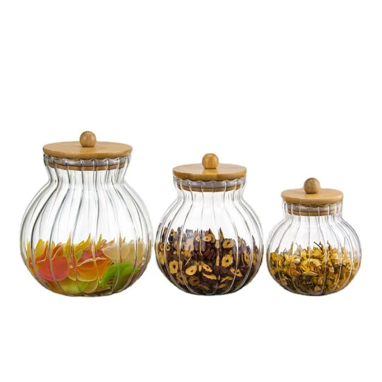 Wholesale Eco-Friendly Pumpkin Shaped Clear Glass Storage Jar with Bamboo Wooden Lids