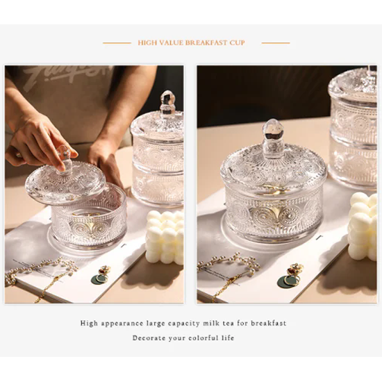 Modern Pedestal Candy Nuts Glass Jar Small Round Sunflower Design Clear Embossed Glass Storage Jar