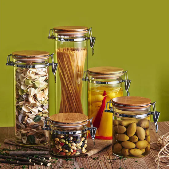 Wholesale Eco Friendly Full Sizes High Borosilicate Large Glass Food Candy Spice Storage Jar with Bamboo Lids