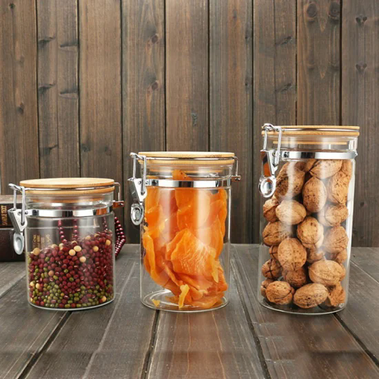 Wholesale Eco Friendly Full Sizes High Borosilicate Large Glass Food Candy Spice Storage Jar with Bamboo Lids