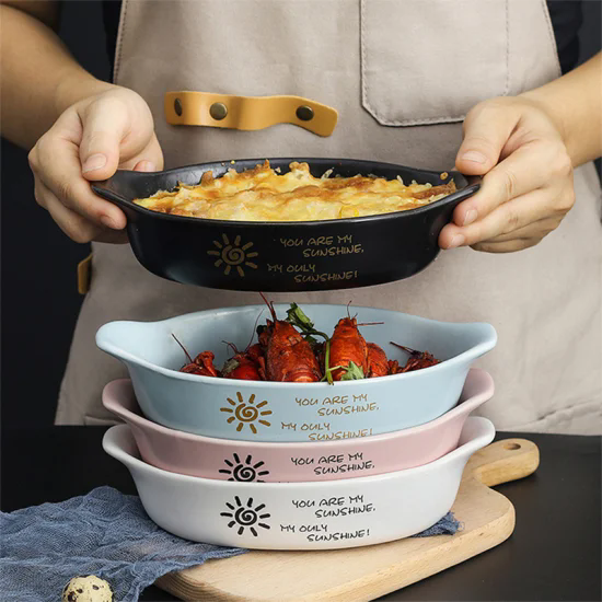 Modern Anti-Scalding Binaural Ceramic Baking Bowl Under Glaze Baking Dish Tray Baking Pan Bakeware Set