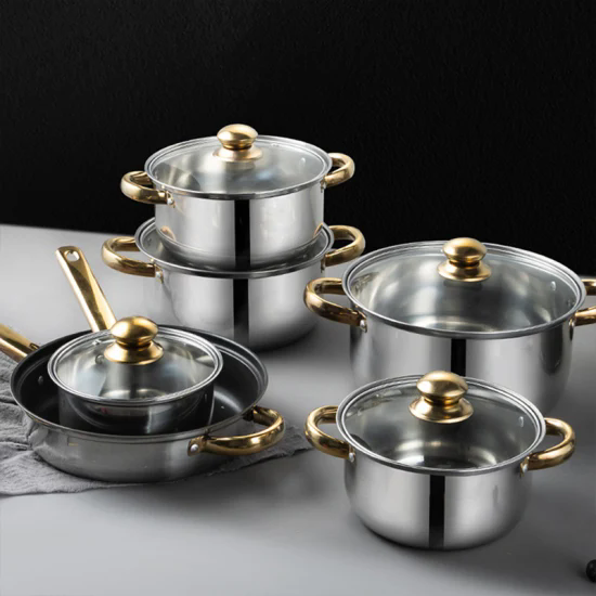 Customized Home Kitchen Gold Handle Cooking Pot Frying Pan 12-Piece Kitchen Cookware Set