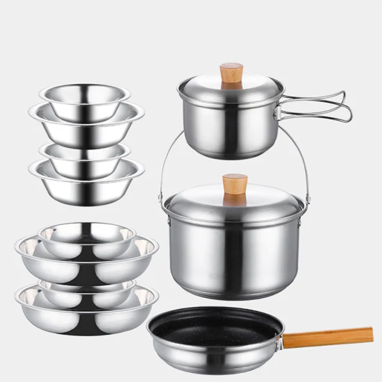 Camping Hiking Cookware Mess Kit Stainless Steel Pots and Pans Outdoor Camping Cookware Set