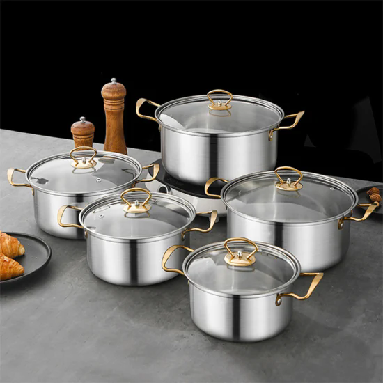 Cookware Pots for Cooking Set 5PCS Kitchen Stockpot Gold Handle Stainless Steel Cooking Pot Set