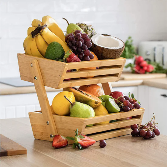 Rustic Fruit Bread Basket Storage Stand 2 Tier Bamboo Wood Vegetable Holder Rack