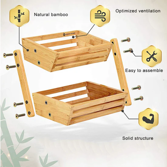 Rustic Fruit Bread Basket Storage Stand 2 Tier Bamboo Wood Vegetable Holder Rack