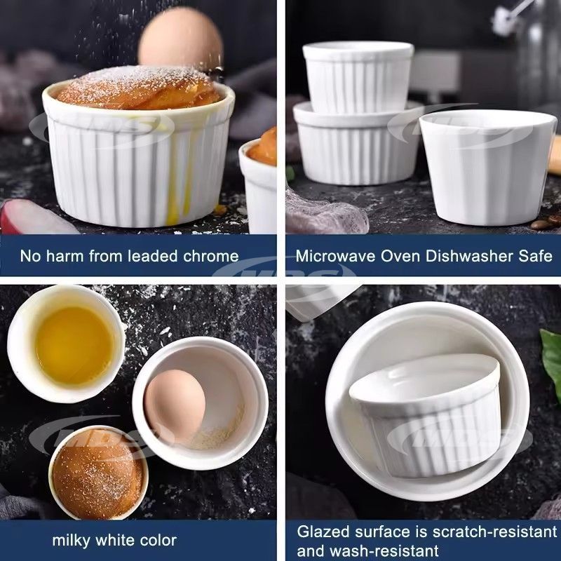 Wholesale round white bakeware porcelain oven safe restaurant ceramic baking souffle ramekins bowls