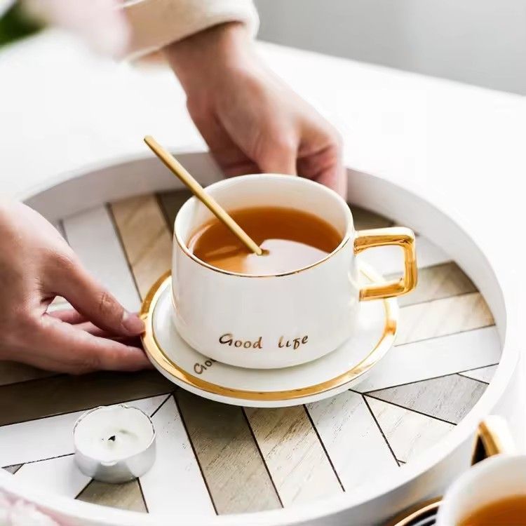 Outline in gold ceramic coffee cup and saucer set nordic luxury white black coffee cups and sauc