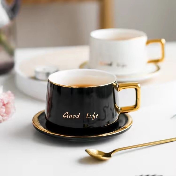 Outline in gold ceramic coffee cup and saucer set nordic luxury white black coffee cups and sauc