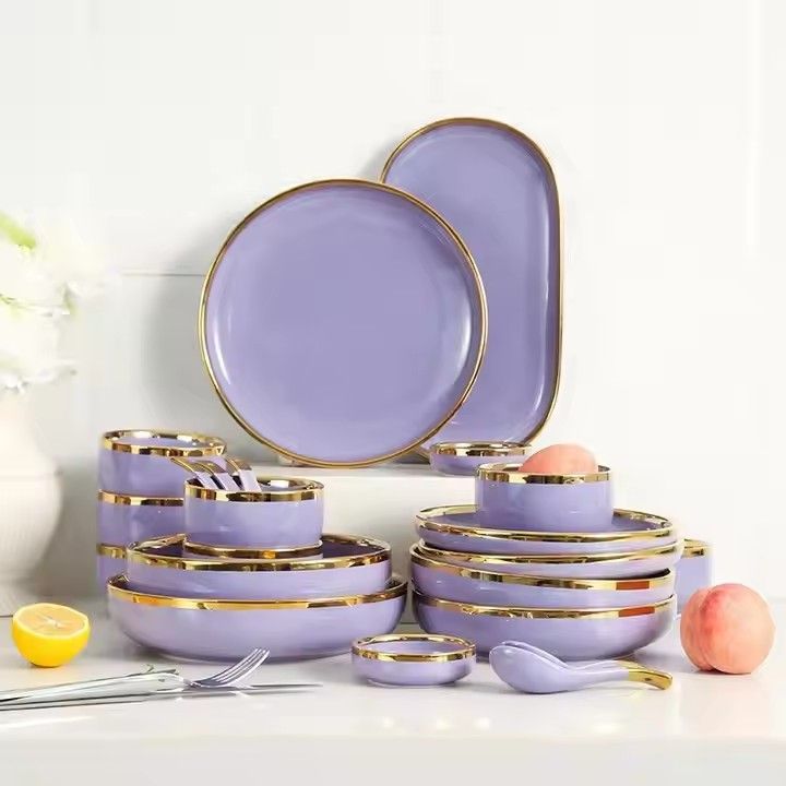 Purple luxury gold rim tableware ceramic dinner dishes bowl plates german porcelain dinnerware sets