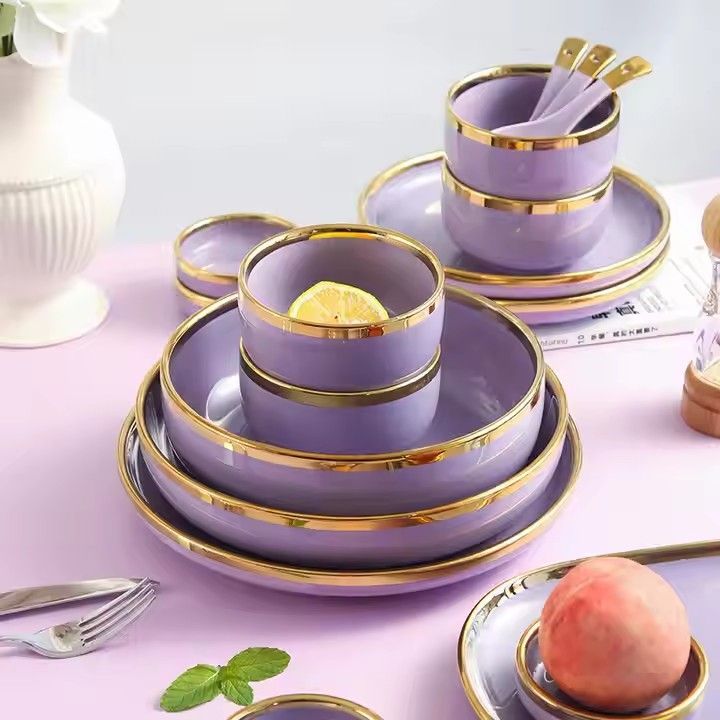 Purple luxury gold rim tableware ceramic dinner dishes bowl plates german porcelain dinnerware sets