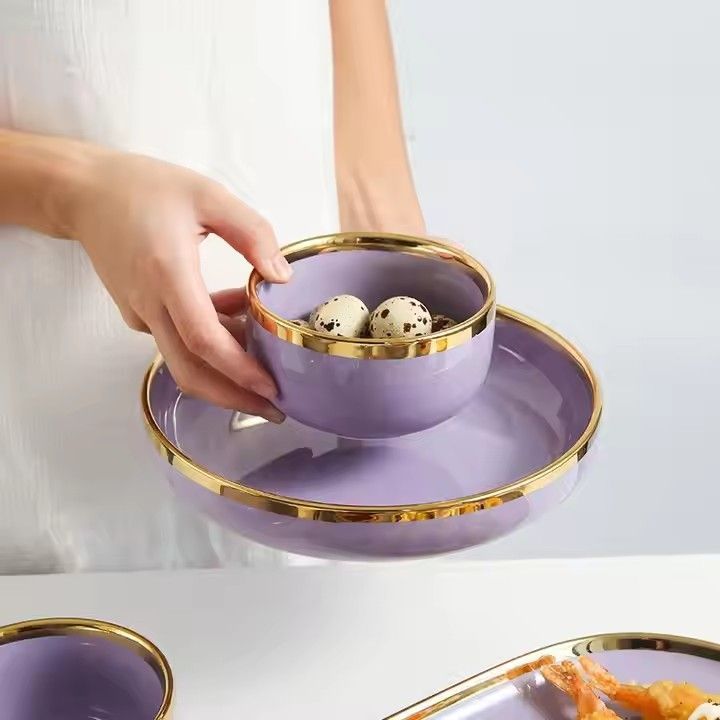 Purple luxury gold rim tableware ceramic dinner dishes bowl plates german porcelain dinnerware sets