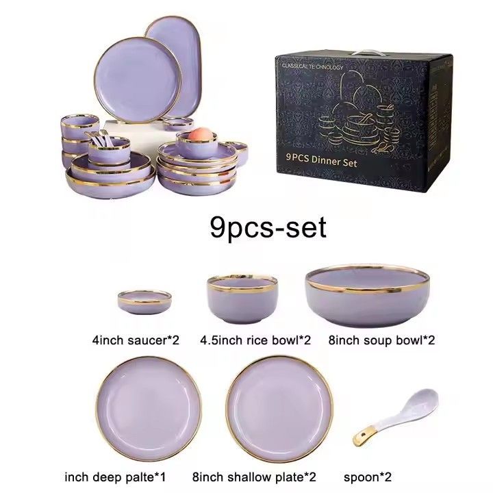 Purple luxury gold rim tableware ceramic dinner dishes bowl plates german porcelain dinnerware sets