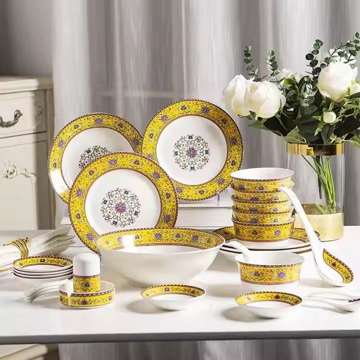 56-set bone china dinnerware bowl and dish set Jingdezhen gold hand stroke enamel ceramic tableware set