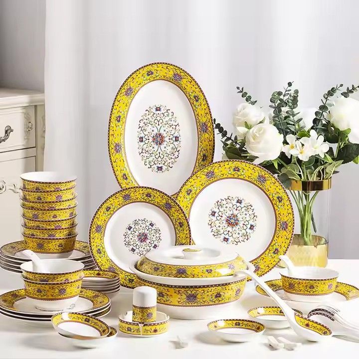 56-set bone china dinnerware bowl and dish set Jingdezhen gold hand stroke enamel ceramic tableware set