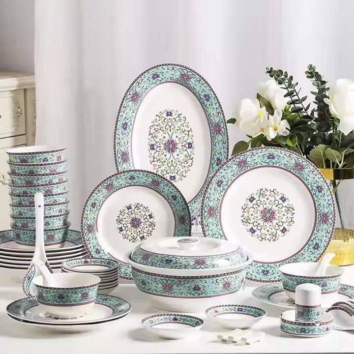 56-set bone china dinnerware bowl and dish set Jingdezhen gold hand stroke enamel ceramic tableware set