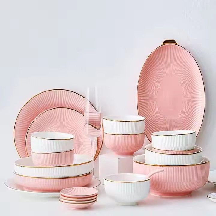 Gold rim pink ceramic dishes dinnerware sets 12pcs color glaze light luxury ceramic plates and bowls set