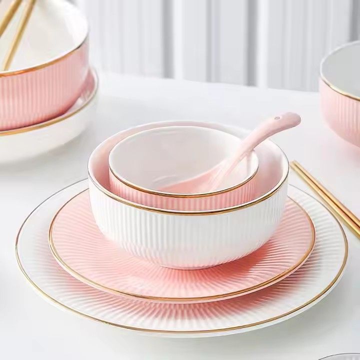 Gold rim pink ceramic dishes dinnerware sets 12pcs color glaze light luxury ceramic plates and bowls set