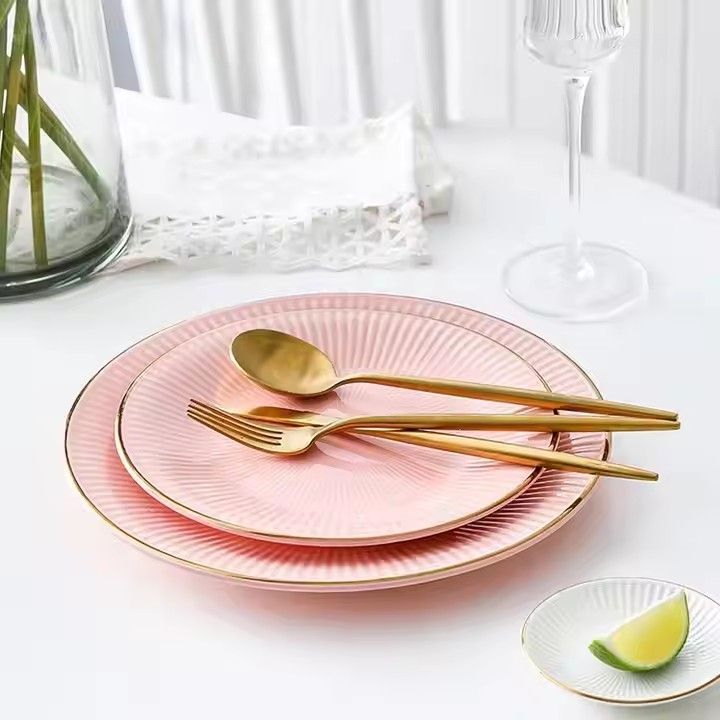 Gold rim pink ceramic dishes dinnerware sets 12pcs color glaze light luxury ceramic plates and bowls set