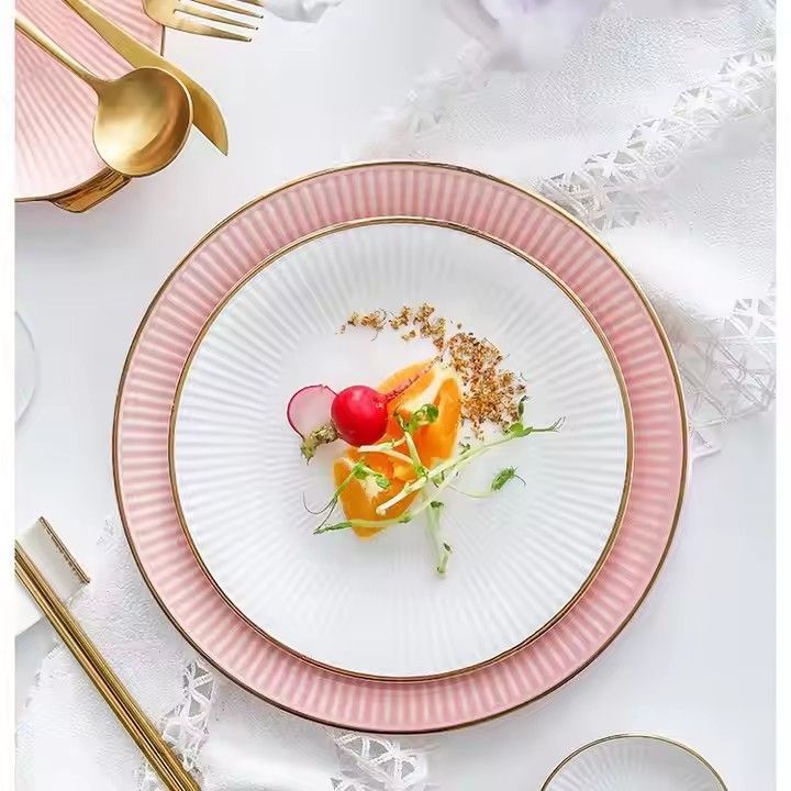 Gold rim pink ceramic dishes dinnerware sets 12pcs color glaze light luxury ceramic plates and bowls set