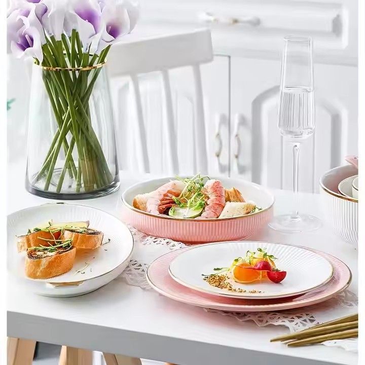 Gold rim pink ceramic dishes dinnerware sets 12pcs color glaze light luxury ceramic plates and bowls set