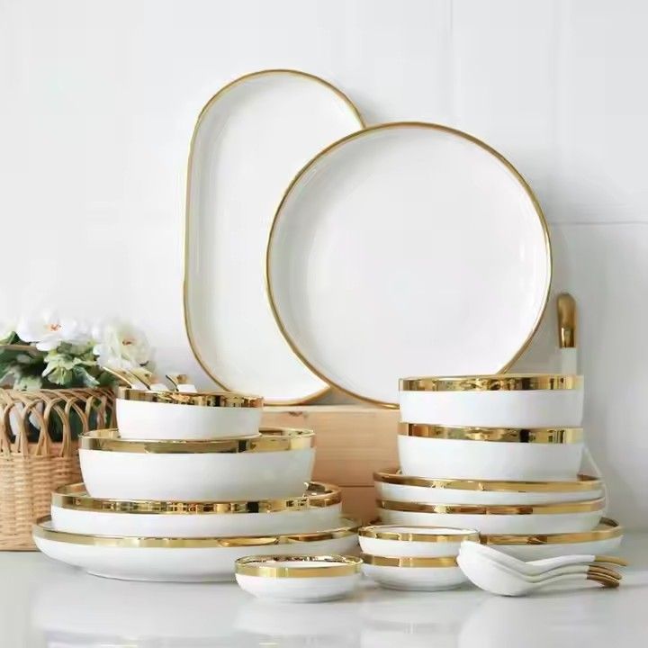 European style dinnerware set ceramic tableware dishes & plates Christmas luxury white and gold dinnerware sets