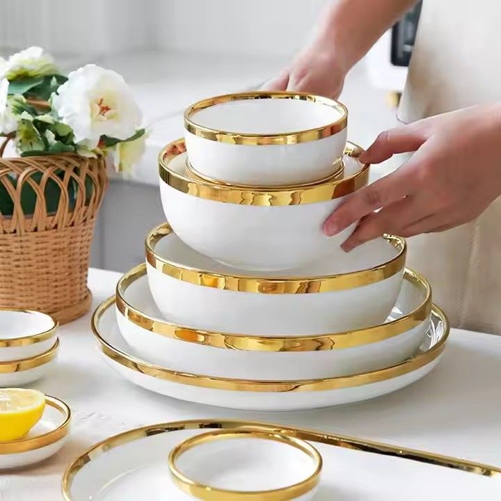 European style dinnerware set ceramic tableware dishes & plates Christmas luxury white and gold dinnerware sets