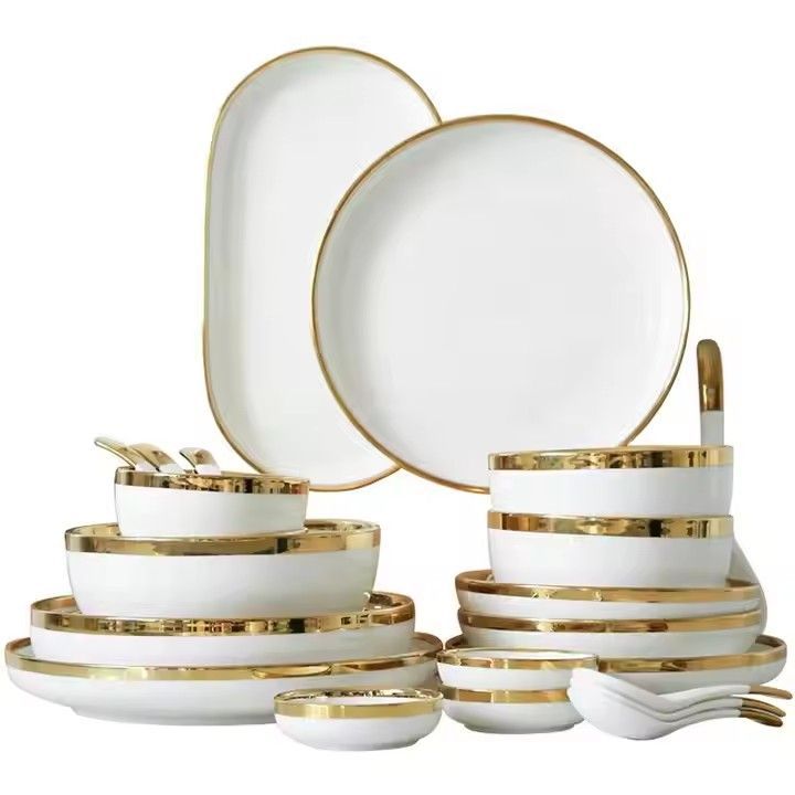 European style dinnerware set ceramic tableware dishes & plates Christmas luxury white and gold dinnerware sets