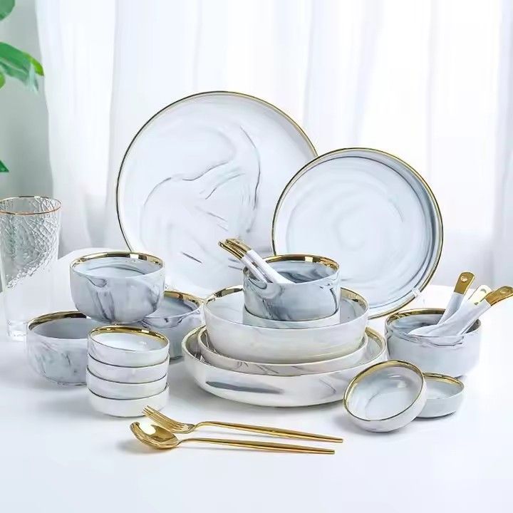 European hotel home dinnerware sets luxury porcelain gold royal marble ceramic plates sets dinnerware tableware