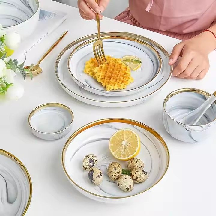 European hotel home dinnerware sets luxury porcelain gold royal marble ceramic plates sets dinnerware tableware