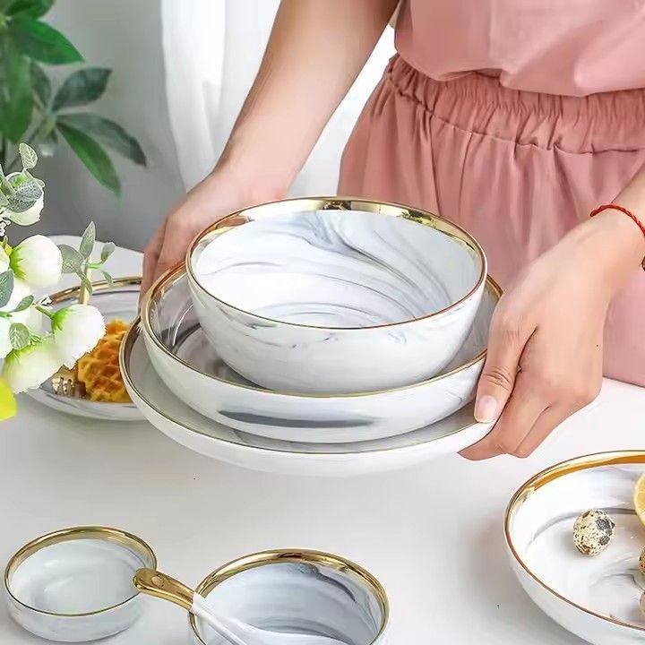 European hotel home dinnerware sets luxury porcelain gold royal marble ceramic plates sets dinnerware tableware