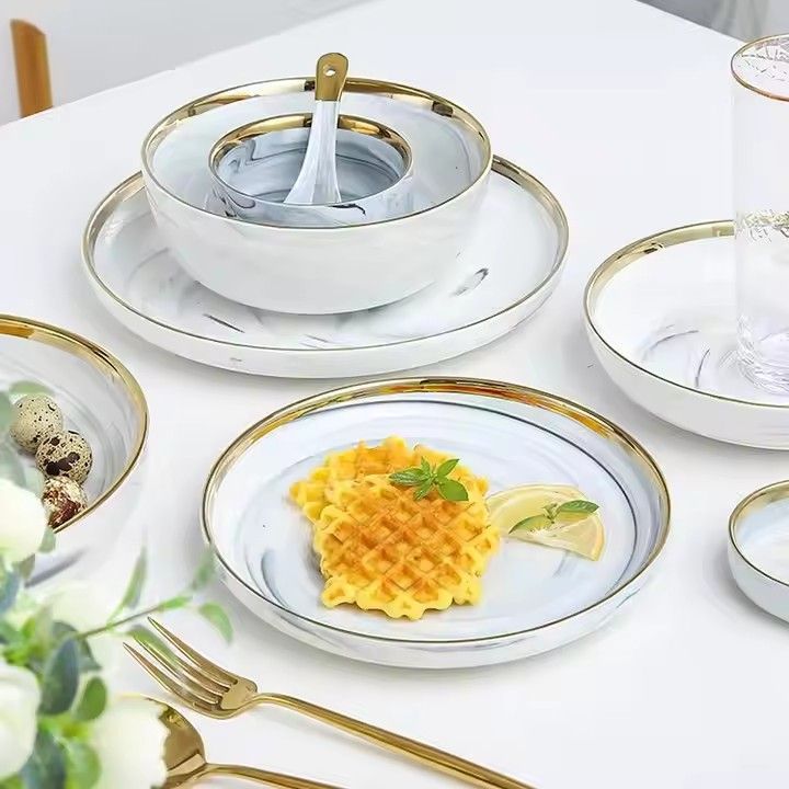 European hotel home dinnerware sets luxury porcelain gold royal marble ceramic plates sets dinnerware tableware