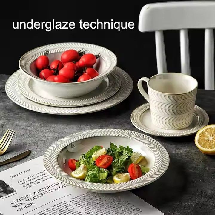 Custom White Ceramic Dinnerware Embossed Bowls Dishes Mugs Plates White Porcelain Dinnerware Set Carton Customized Logo Cup Kit