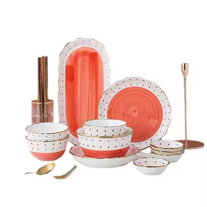 Light luxury stroke gold polka dot ceramics tableware set japanese fiesta ceramic dinnerware