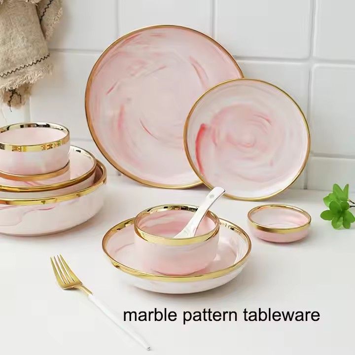 Custom juegos de vajilla marble pink glaze tableware charger plates luxury ceramic dinnerware sets with golden edge