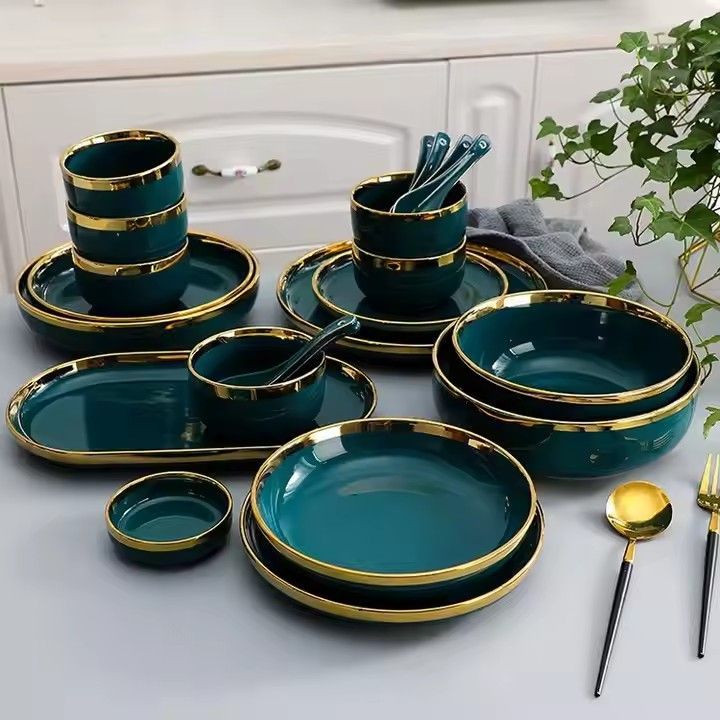 Peacock green custom wedding plates bowl handmade porcelain ceramic dinnerware sets tableware