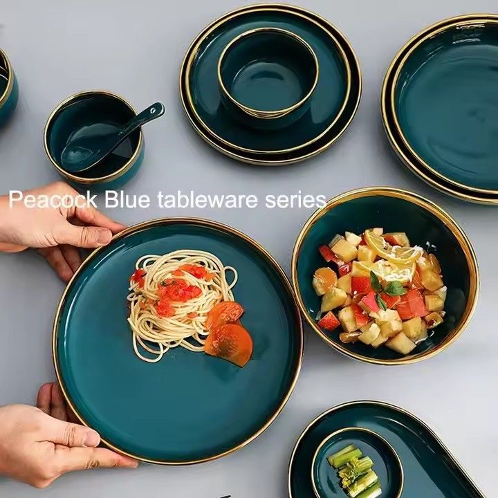 Peacock green custom wedding plates bowl handmade porcelain ceramic dinnerware sets tableware