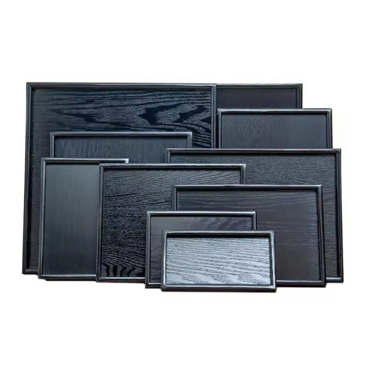 Black wood serving tray OEM logo wholesale rectangle painted wooden trays tea set