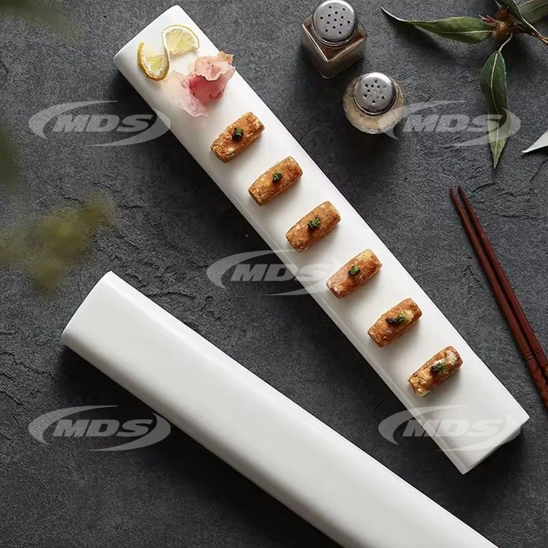 Creative cold dishes sushi sashimi dessert dimsum serving tray rectangle restaurant white long ceramic sushi