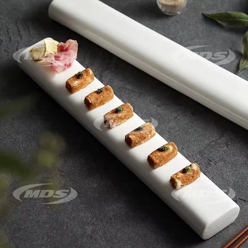 Creative cold dishes sushi sashimi dessert dimsum serving tray rectangle restaurant white long ceramic sushi