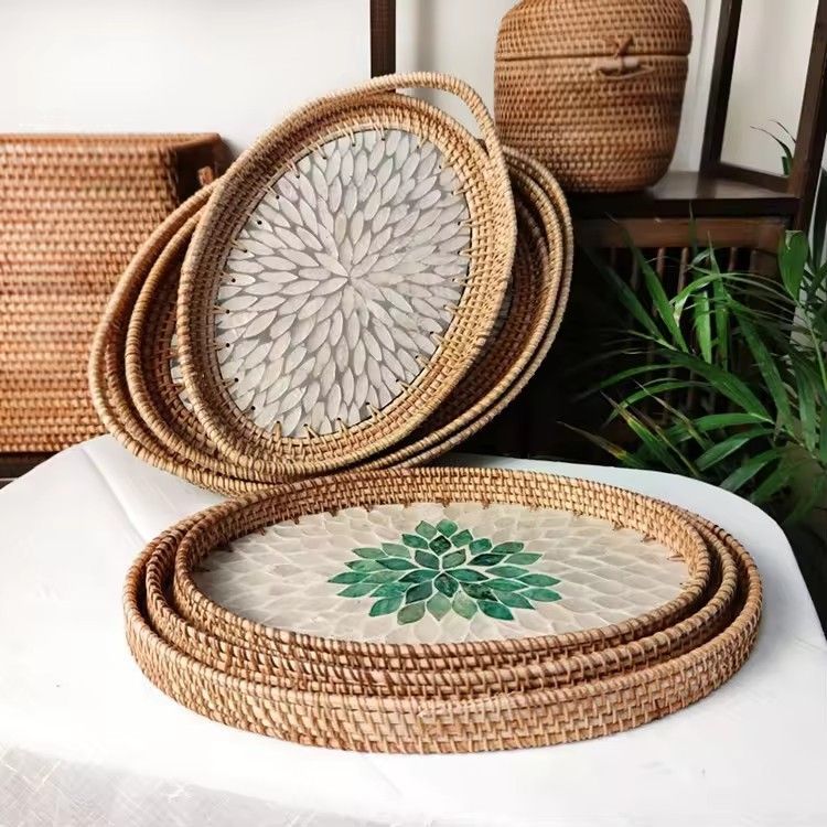 Creative hand woven natural kitchen serving rattan shell tray storage oval rattan tray for food