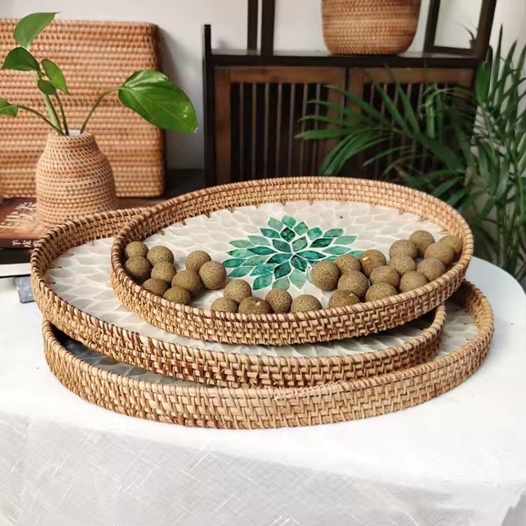 Creative hand woven natural kitchen serving rattan shell tray storage oval rattan tray for food