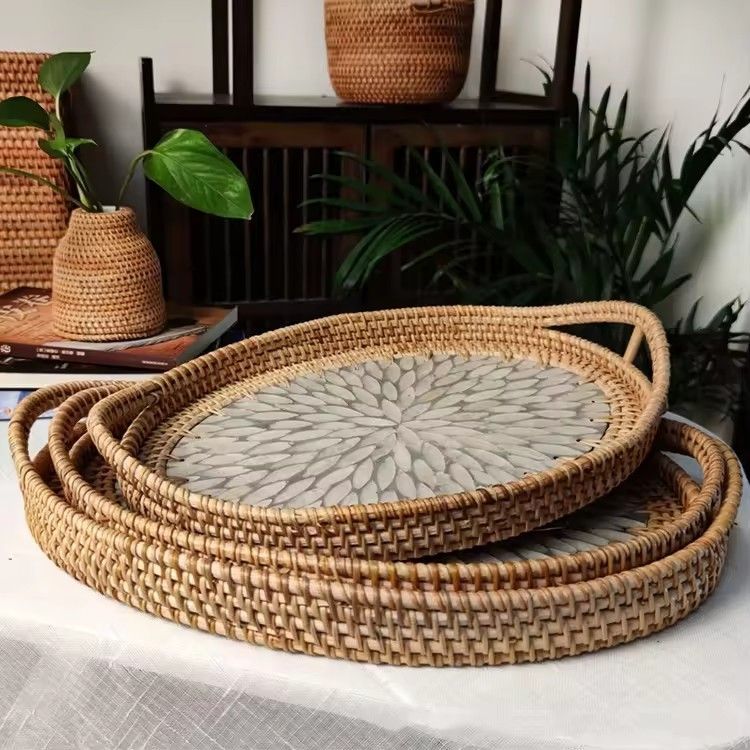 Creative hand woven natural kitchen serving rattan shell tray storage oval rattan tray for food